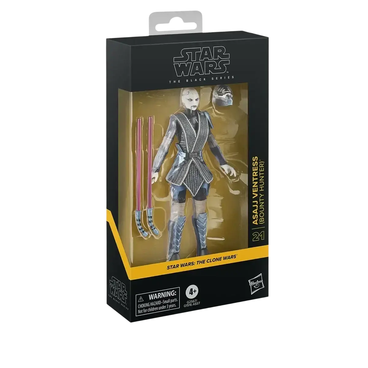 Asajj ventress, a black and silver armored bounty hunter figure from star wars: the clone wars.