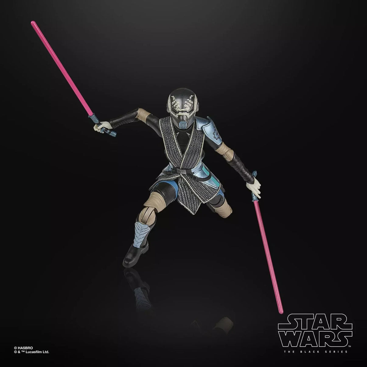 Black and silver armored figure with a textured, segmented design holding two pink lightsabers.