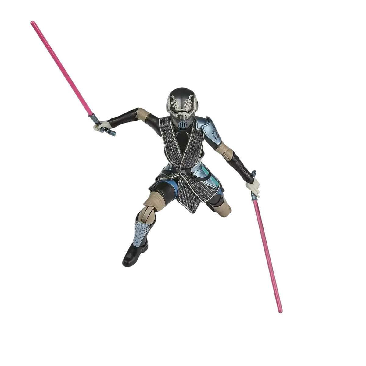 Black and silver armored figure with a textured, segmented design holding two pink lightsabers.