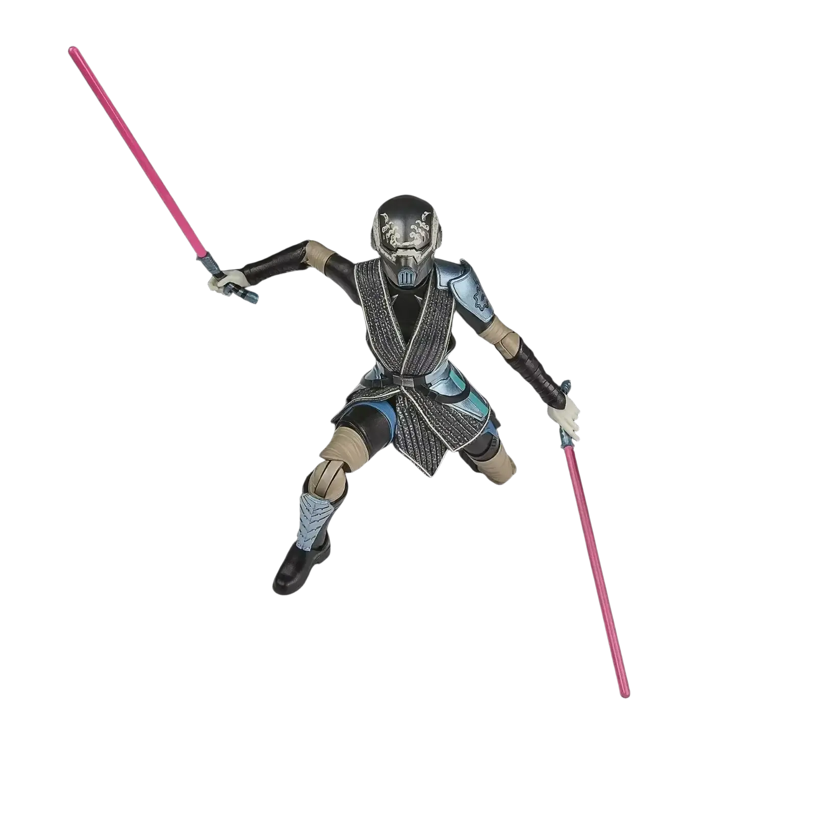 Black and silver armored figure with a textured, segmented design holding two pink lightsabers.