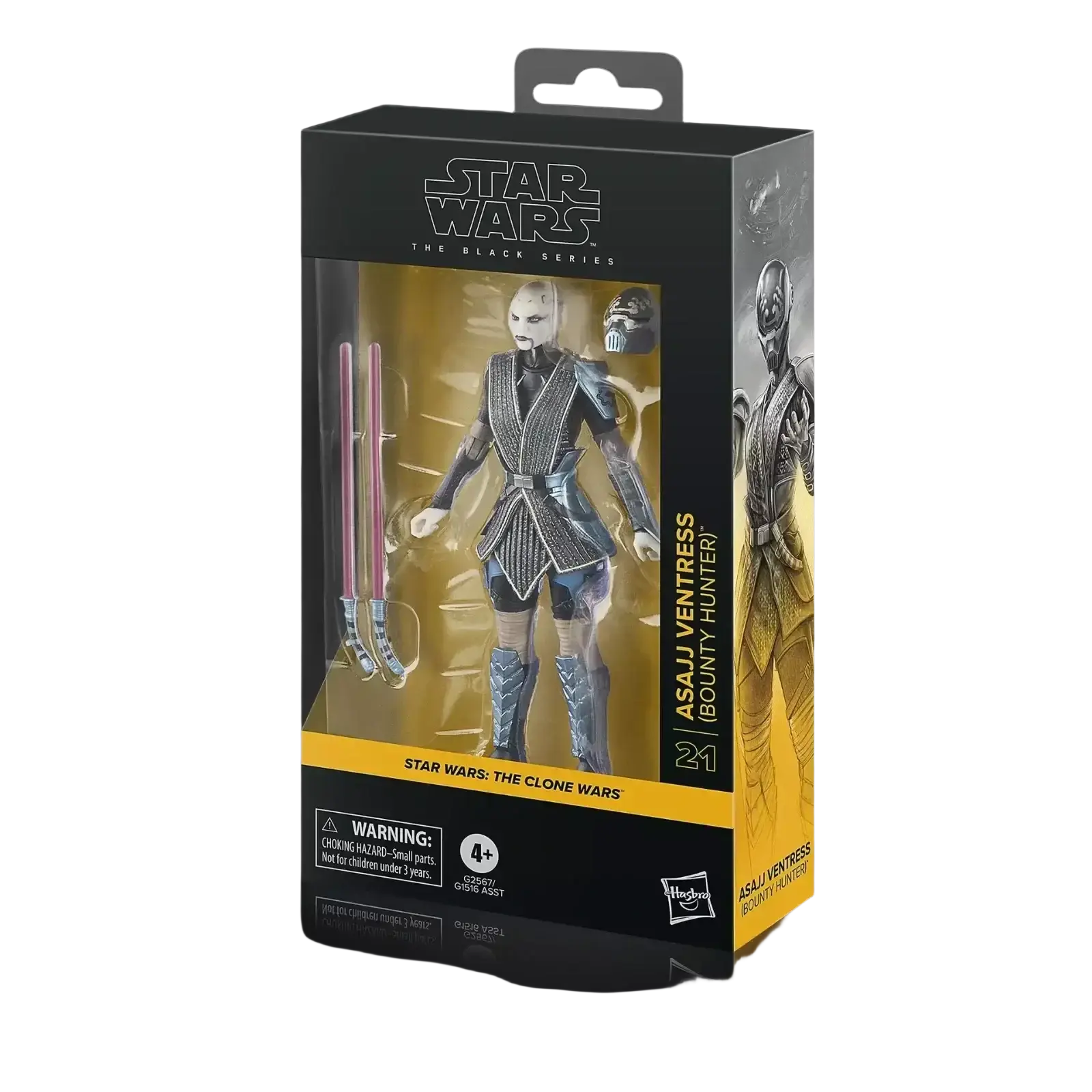 Asajj ventress bounty hunter action figure in black and silver armor with pink lightsabers, packaged in a star wars the black series box.