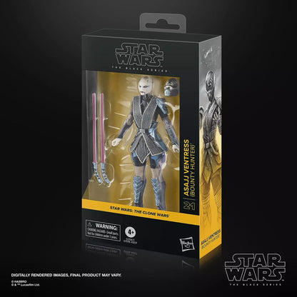 Asajj ventress bounty hunter action figure in black and silver armor with pink lightsabers, packaged in a star wars the black series box.