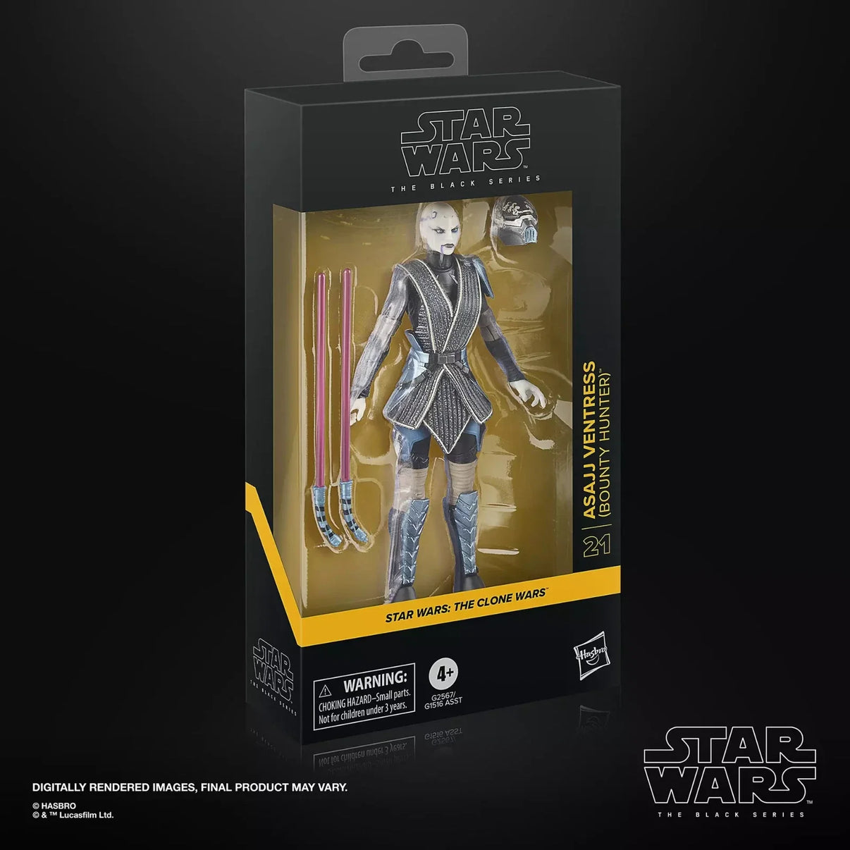 Asajj ventress bounty hunter action figure from star wars: the clone wars, featuring a black and silver armored outfit with detailed sculpting.