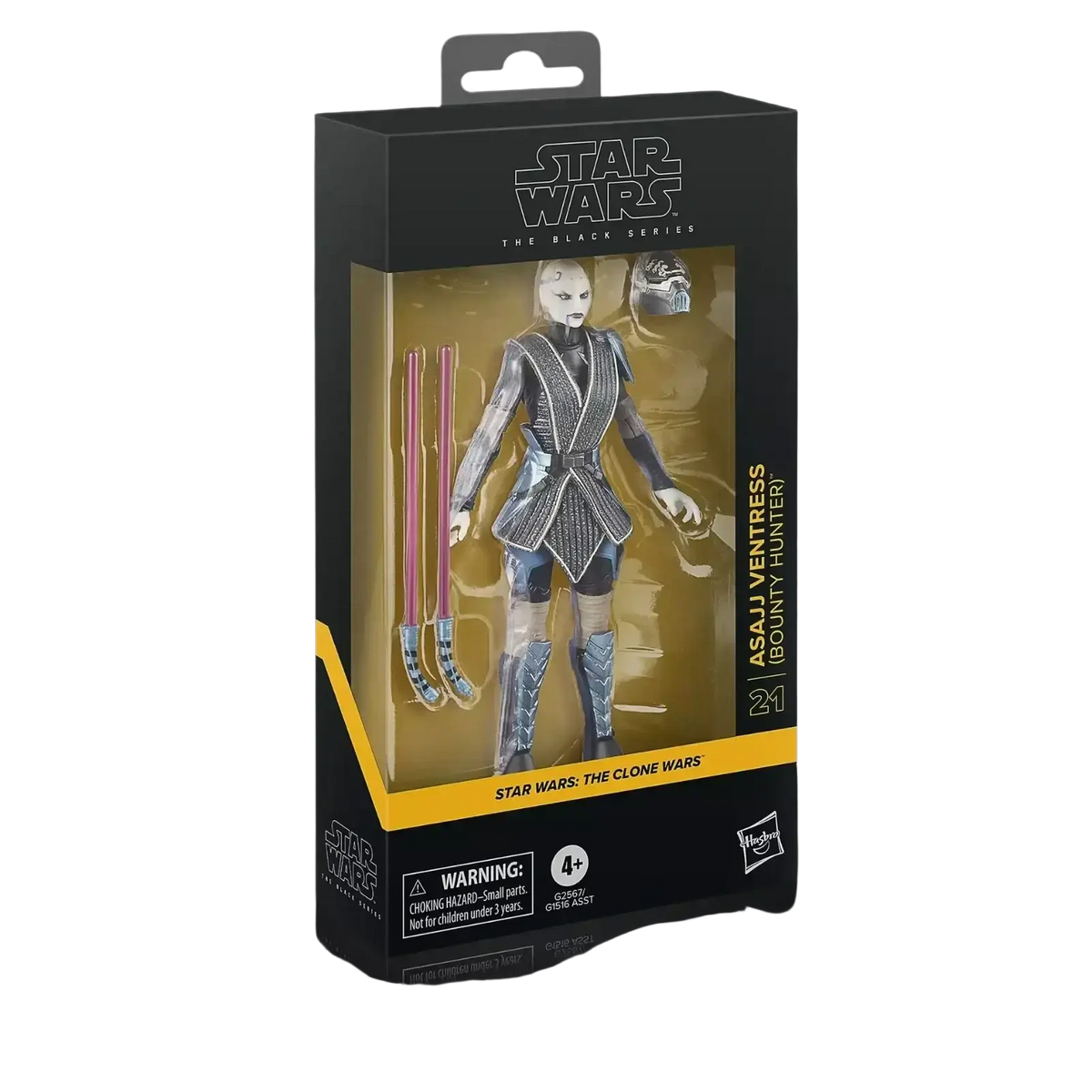 Asajj ventress bounty hunter action figure from star wars: the clone wars, featuring a black and silver armored outfit with detailed sculpting.