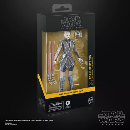 Asajj ventress bounty hunter action figure from star wars: the clone wars, featuring a black and silver armored outfit with detailed sculpting.