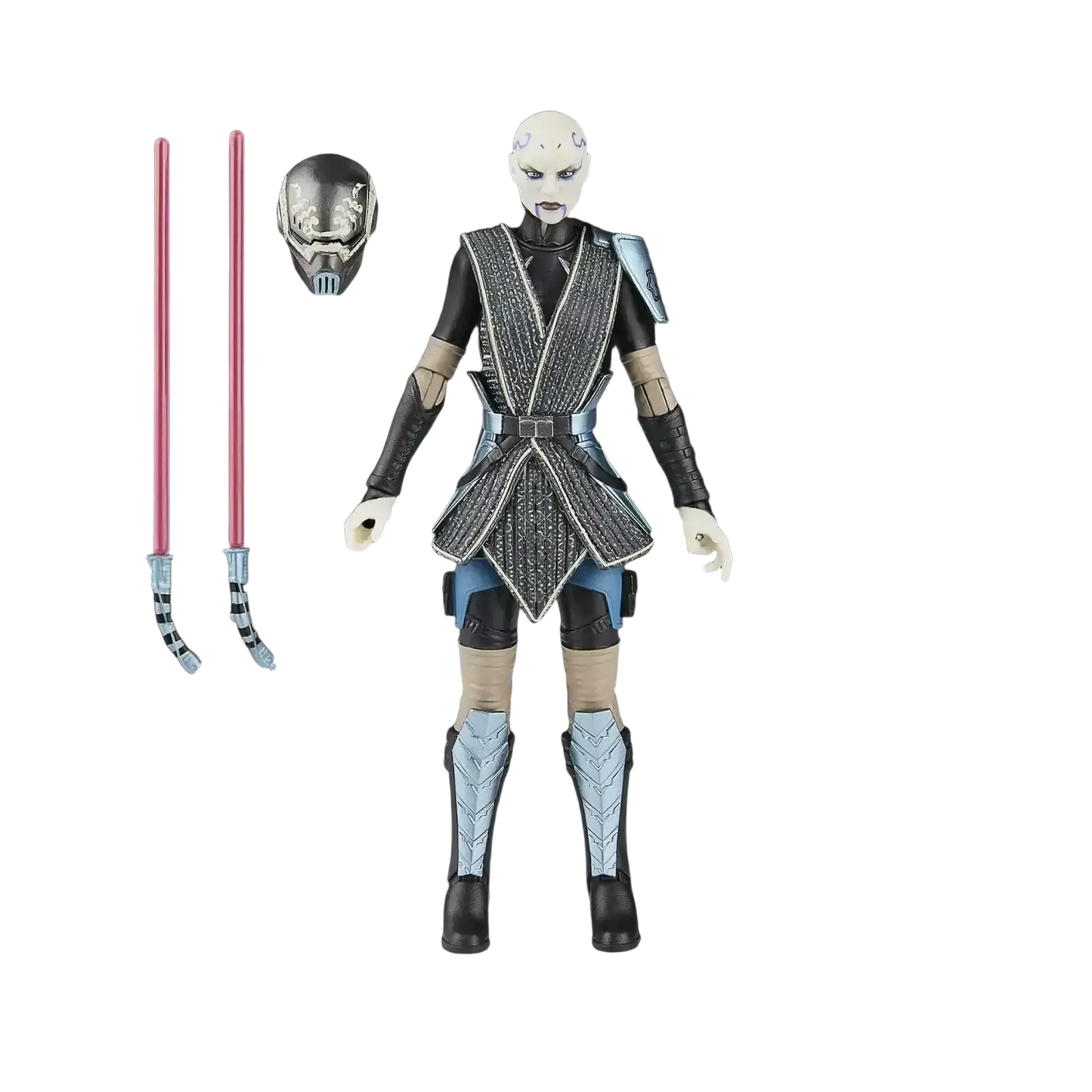 Black and silver star wars the black series action figure of asajj ventress, featuring detailed armor with blue accents and a matching helmet.
