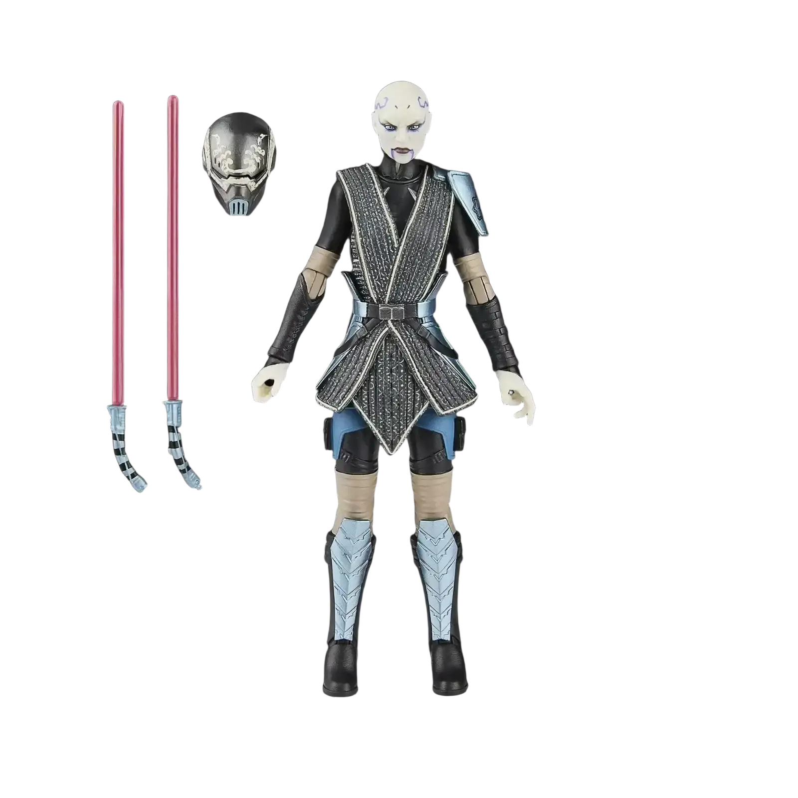 Black and silver star wars the black series action figure of asajj ventress, featuring detailed armor with blue accents and a matching helmet.