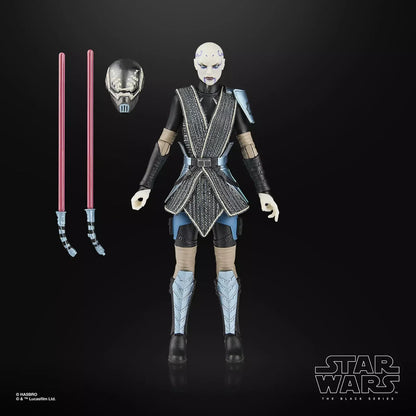 Black and silver star wars the black series action figure of asajj ventress, featuring detailed armor with blue accents and a matching helmet.