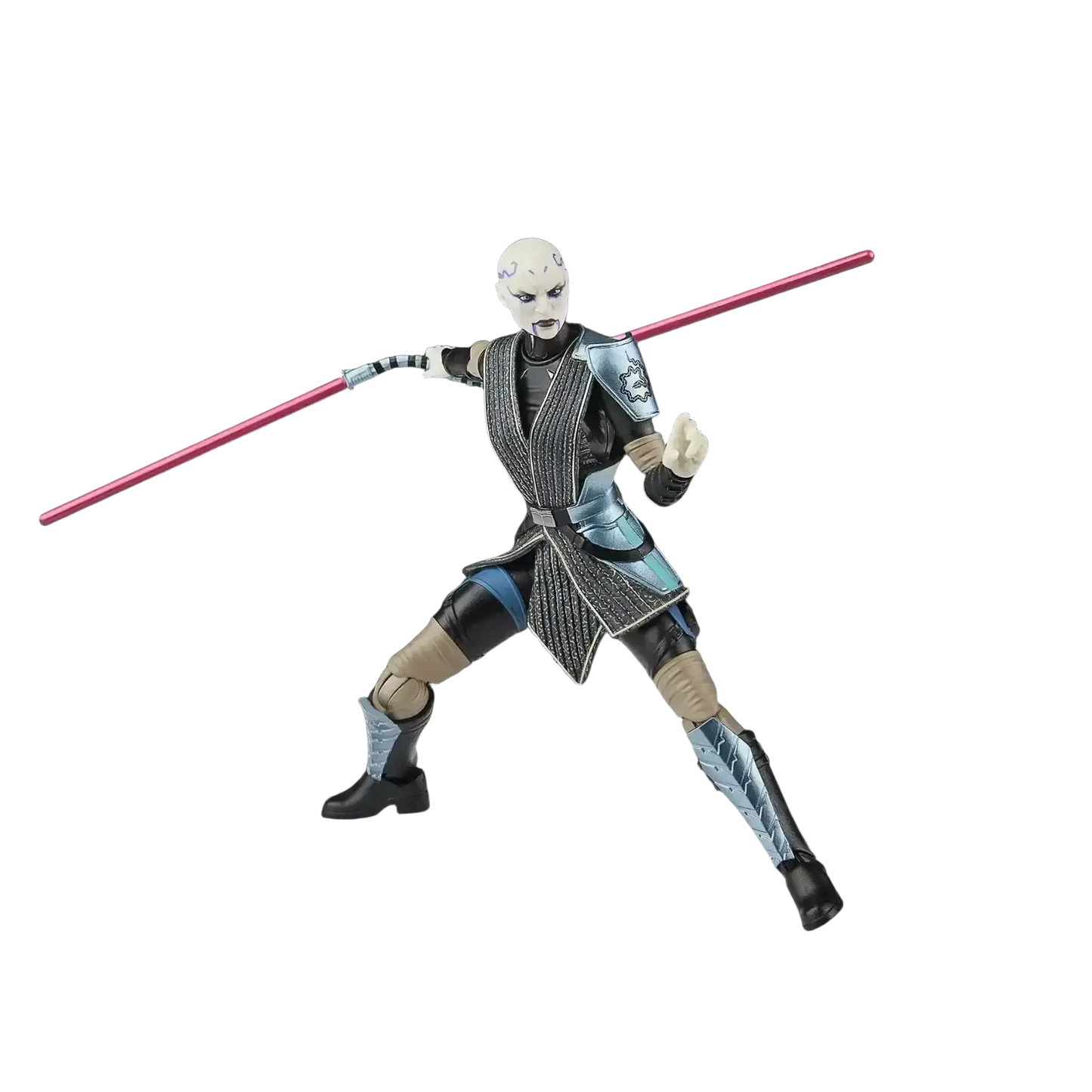 A detailed hasbro star wars the black series action figure of asajj ventress, featuring her signature white face paint and black-and-silver armored outfit with a red lightsaber.