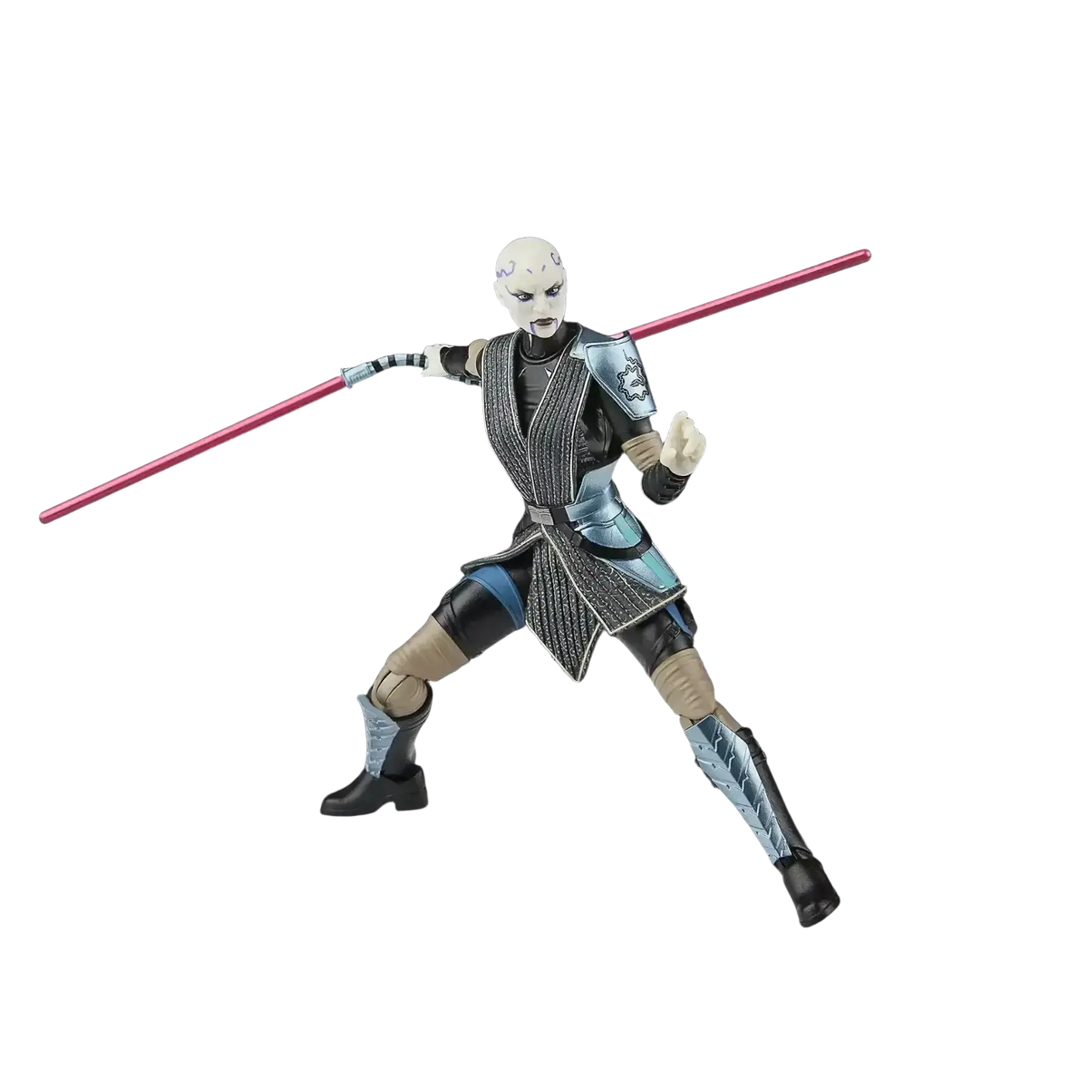 A detailed hasbro star wars the black series action figure of asajj ventress, featuring her signature white face paint and black-and-silver armored outfit with a red lightsaber.