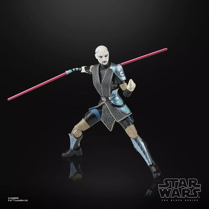 A detailed hasbro star wars the black series action figure of asajj ventress, featuring her signature white face paint and black-and-silver armored outfit with a red lightsaber.