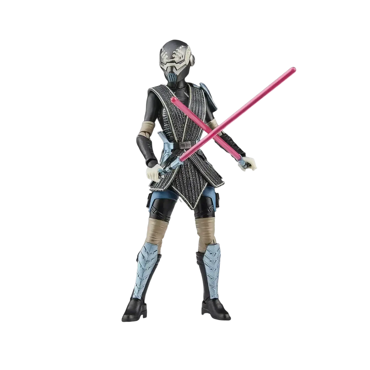 Black and silver armored figure with pink lightsabers, from star wars the black series.
