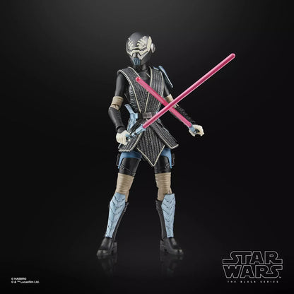 Black and silver armored figure with pink lightsabers, from star wars the black series.