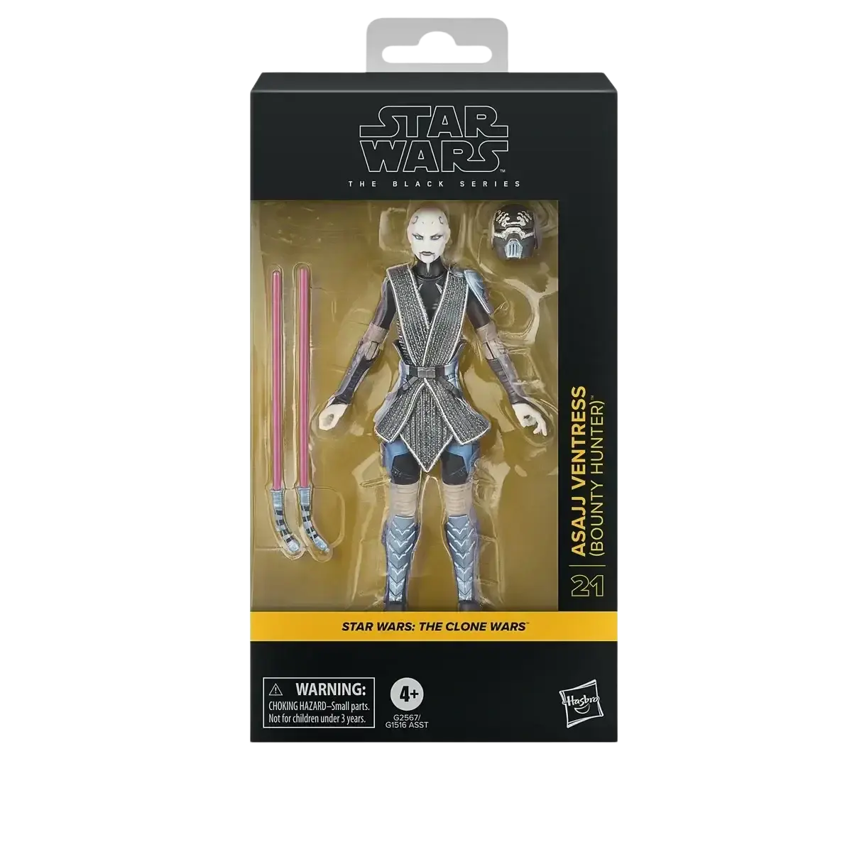 Asajj ventress action figure from star wars: the clone wars, featuring a black and silver armored outfit with blue accents.