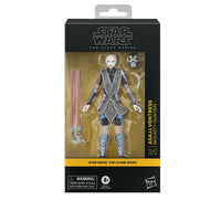 Asajj ventress action figure from star wars: the clone wars, featuring a black and silver armored outfit with blue accents.
