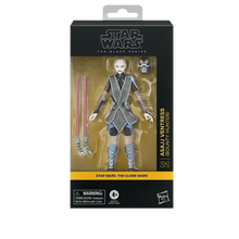 Asajj ventress action figure from star wars: the clone wars, featuring a black and silver armored outfit with blue accents.