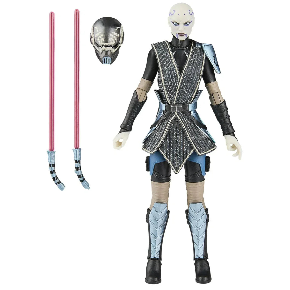 Star wars action figure of asajj ventress in a detailed black and silver armored outfit with blue accents, complete with her signature red lightsabers and helmet.