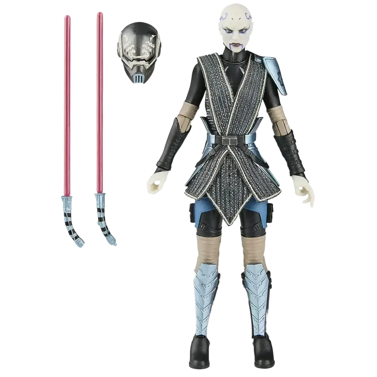 Star wars action figure of asajj ventress in a detailed black and silver armored outfit with blue accents, complete with her signature red lightsabers and helmet.