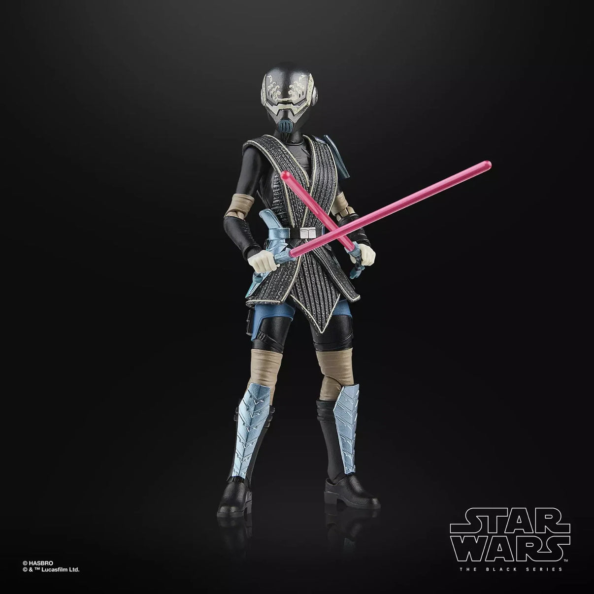 Black and silver armored figure with a metallic helmet, holding two pink lightsabers.