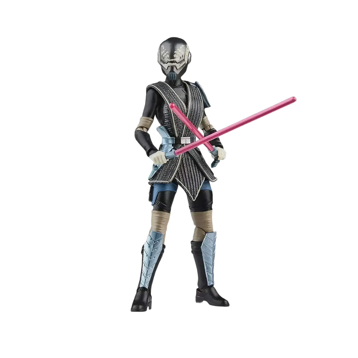 Black and silver armored figure with a metallic helmet, holding two pink lightsabers.