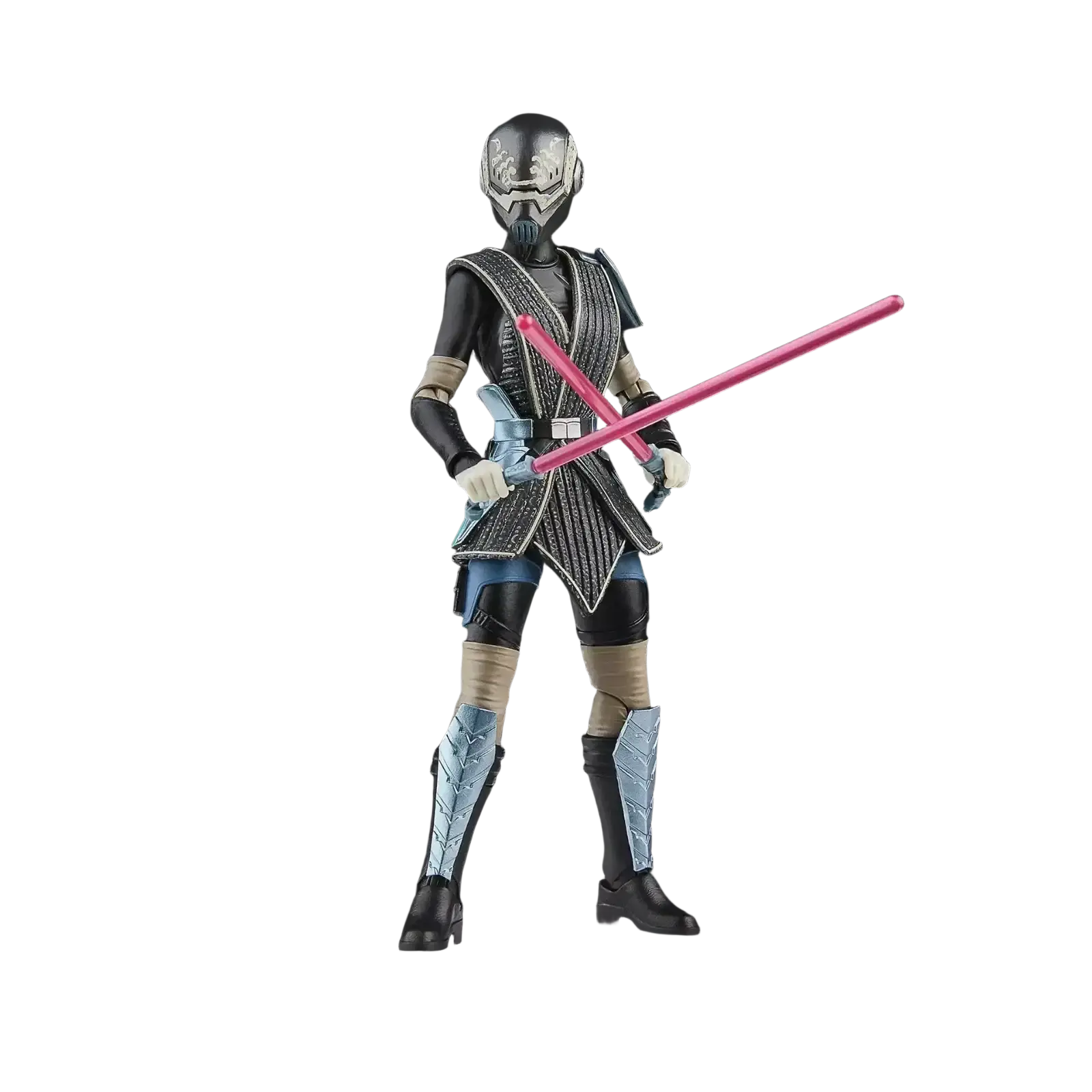 Black and silver armored figure with a metallic helmet, holding two pink lightsabers.