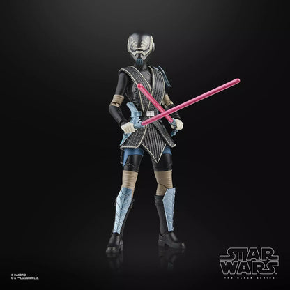 Black and silver armored figure with a metallic helmet, holding two pink lightsabers.