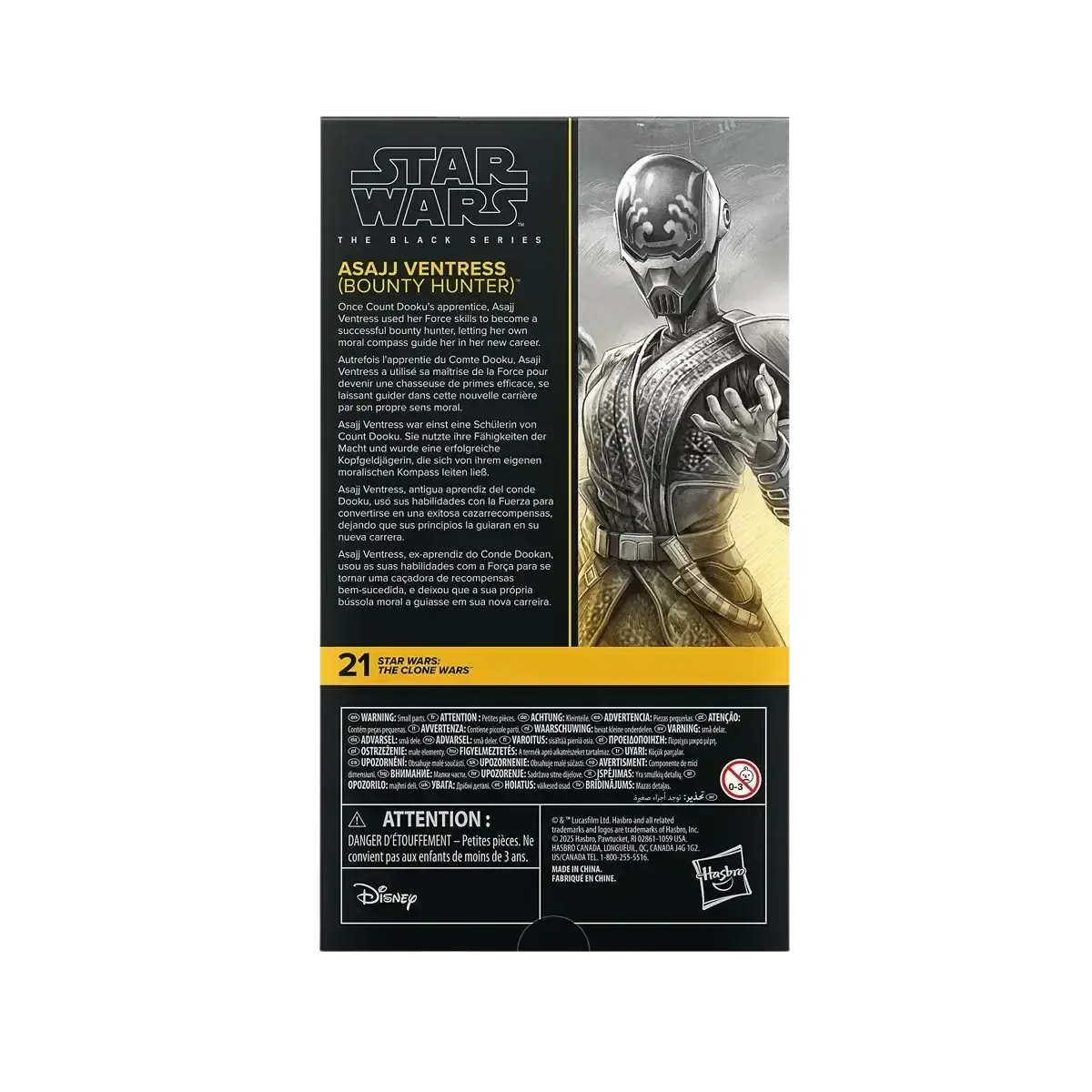 Asajj ventress, a bounty hunter from star wars: the clone wars, is depicted in her iconic black and gold armor with intricate detailing on the packaging.