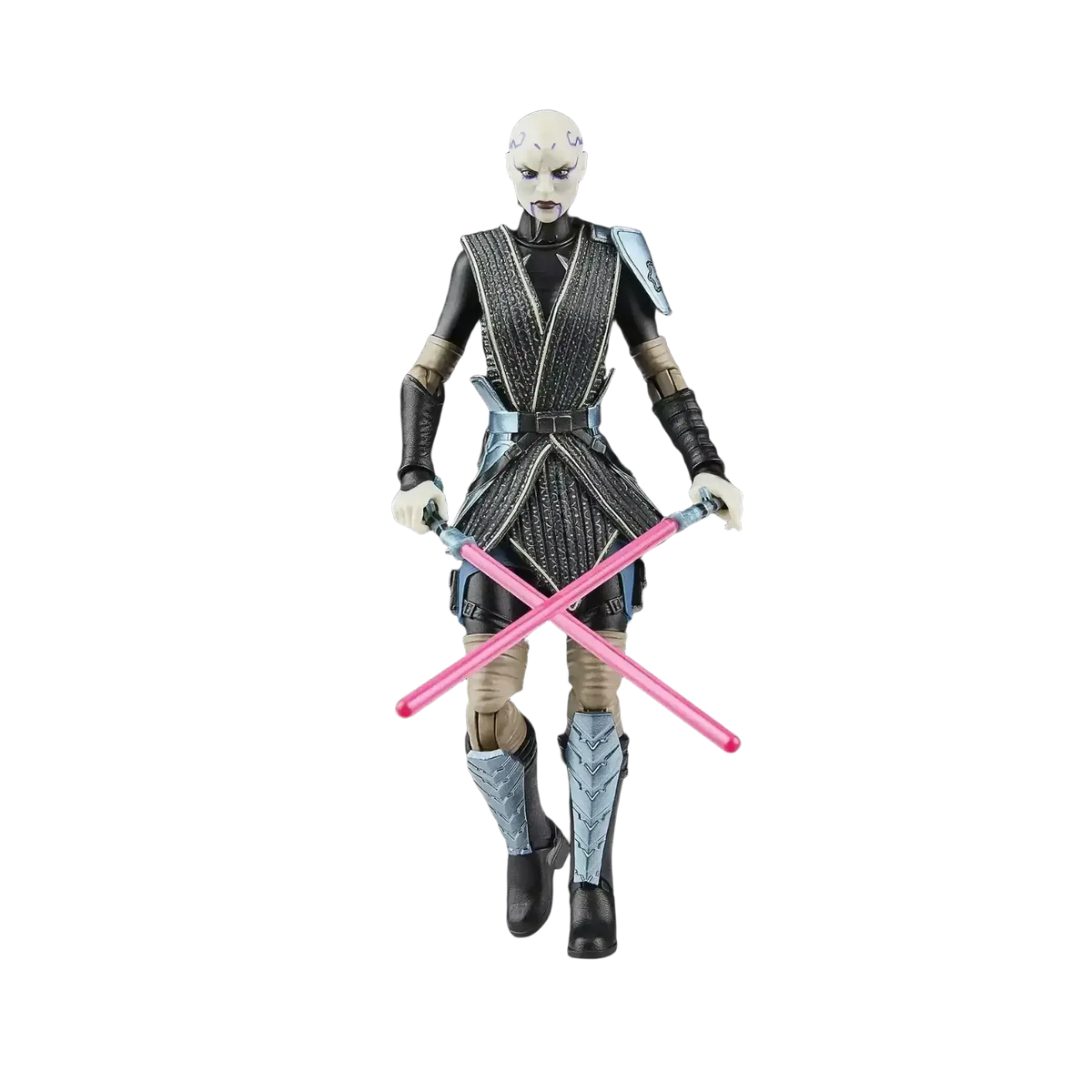 Black and silver armored figure with pink lightsabers, star wars the black series action figure.