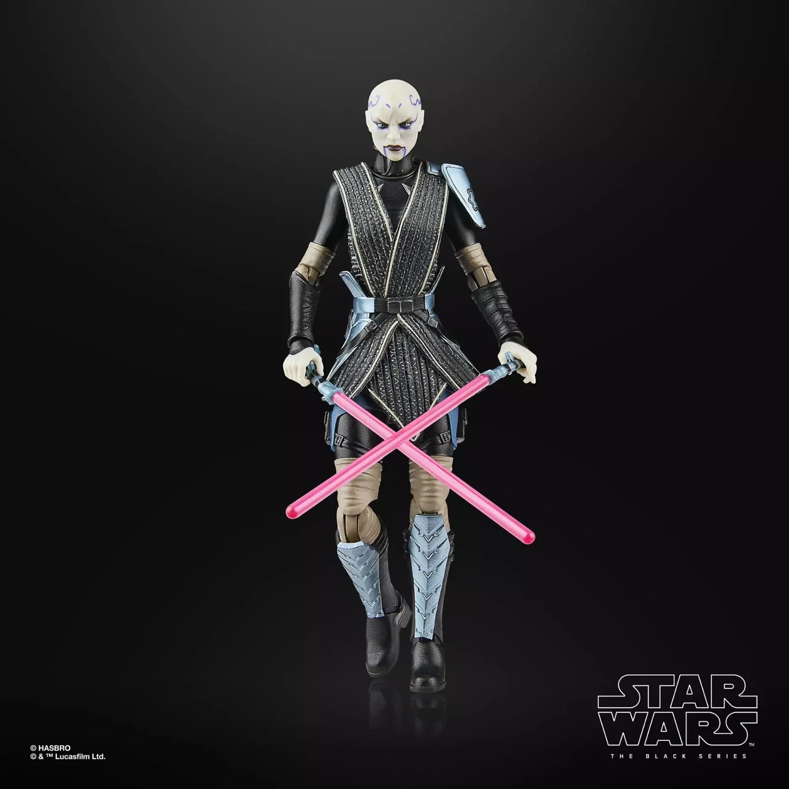Black and silver armored figure with pink lightsabers, star wars the black series action figure.
