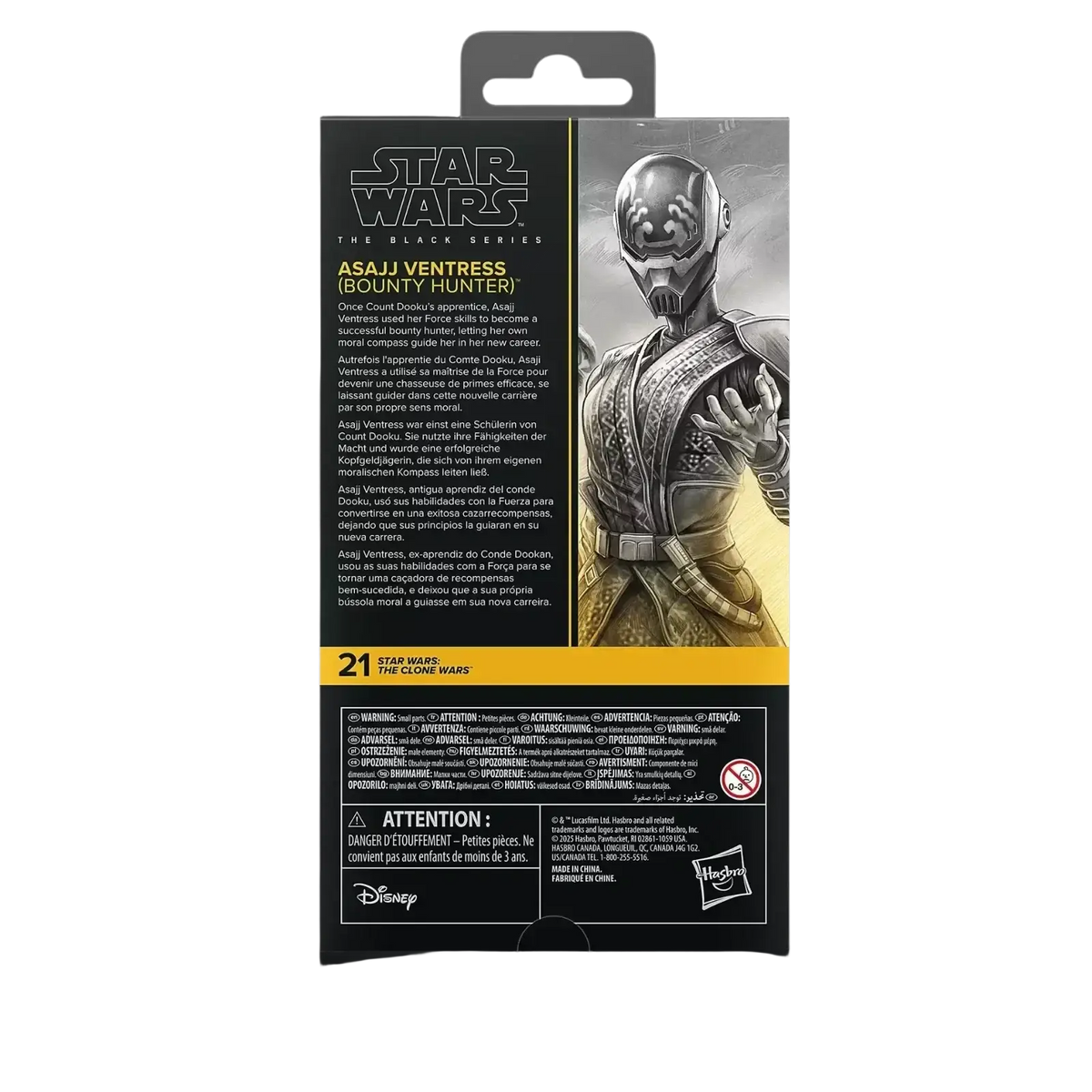 Asajj ventress, a bounty hunter from star wars: the clone wars, is depicted in her iconic black and gold armor with intricate detailing on the packaging.