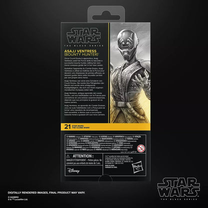 Asajj ventress, a bounty hunter from star wars: the clone wars, is depicted in her iconic black and gold armor with intricate detailing on the packaging.