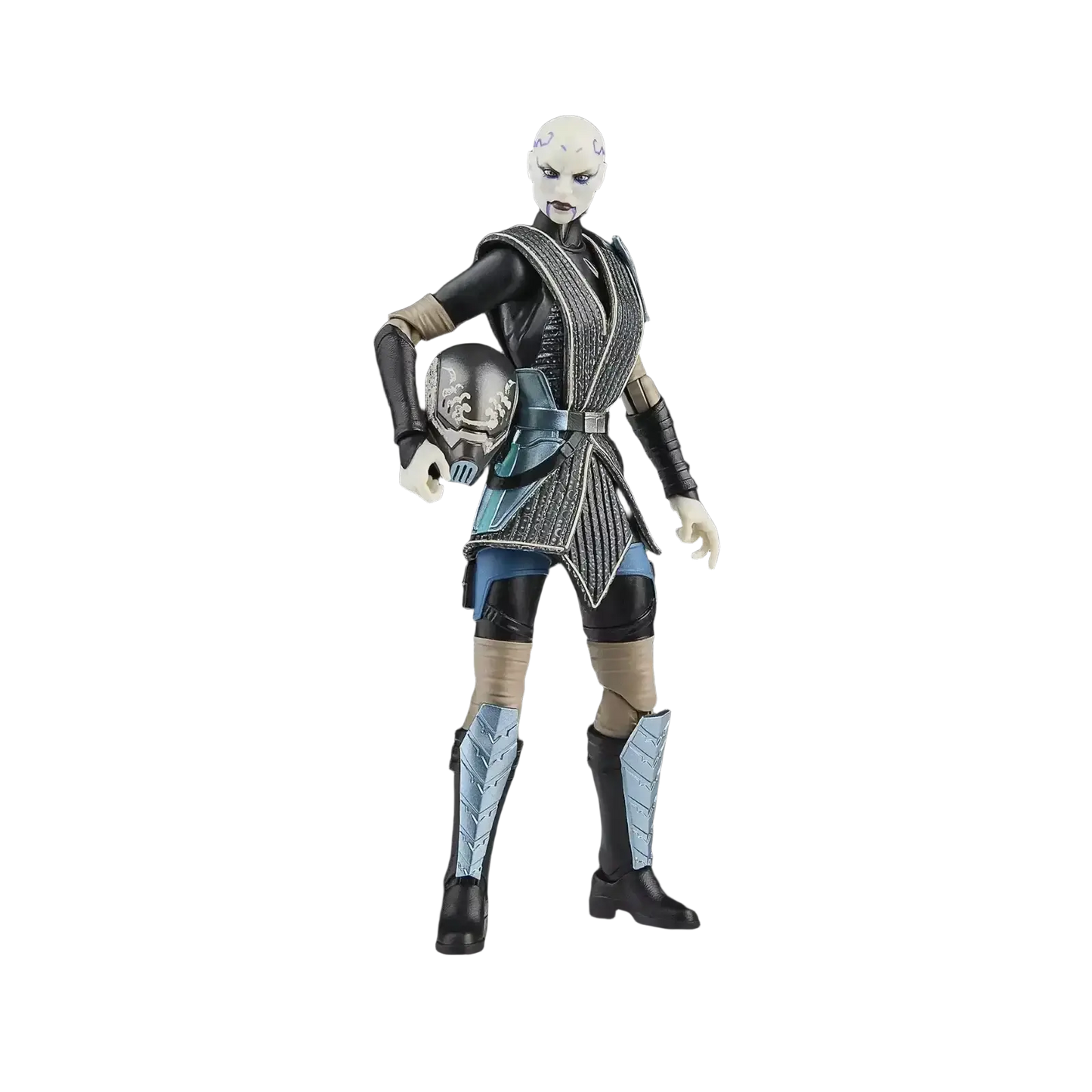 Black and teal armored figure with intricate silver detailing, featuring a white face mask and matching leg armor.