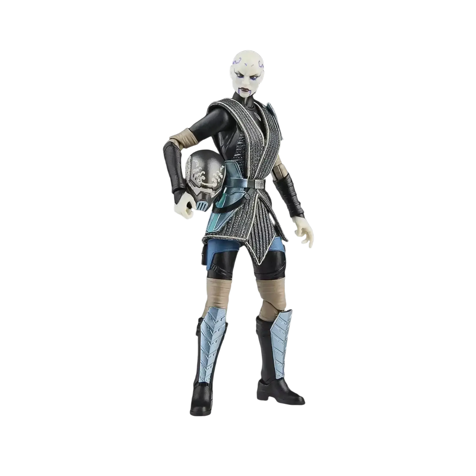 Black and teal armored figure with intricate silver detailing, featuring a white face mask and matching leg armor.
