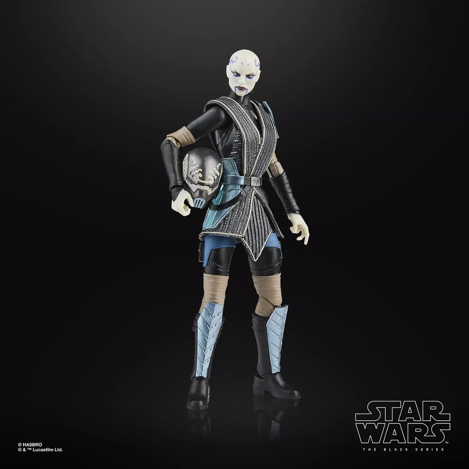 Black and teal armored figure with intricate silver detailing, featuring a white face mask and matching leg armor.