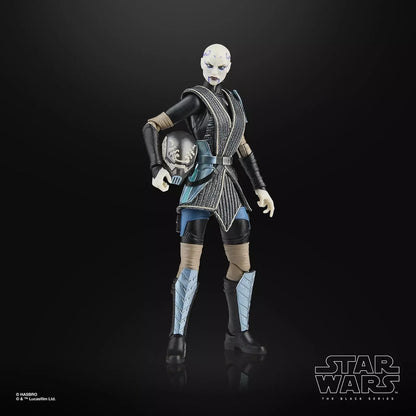 Black and teal armored figure with intricate silver detailing, featuring a white face mask and matching leg armor.