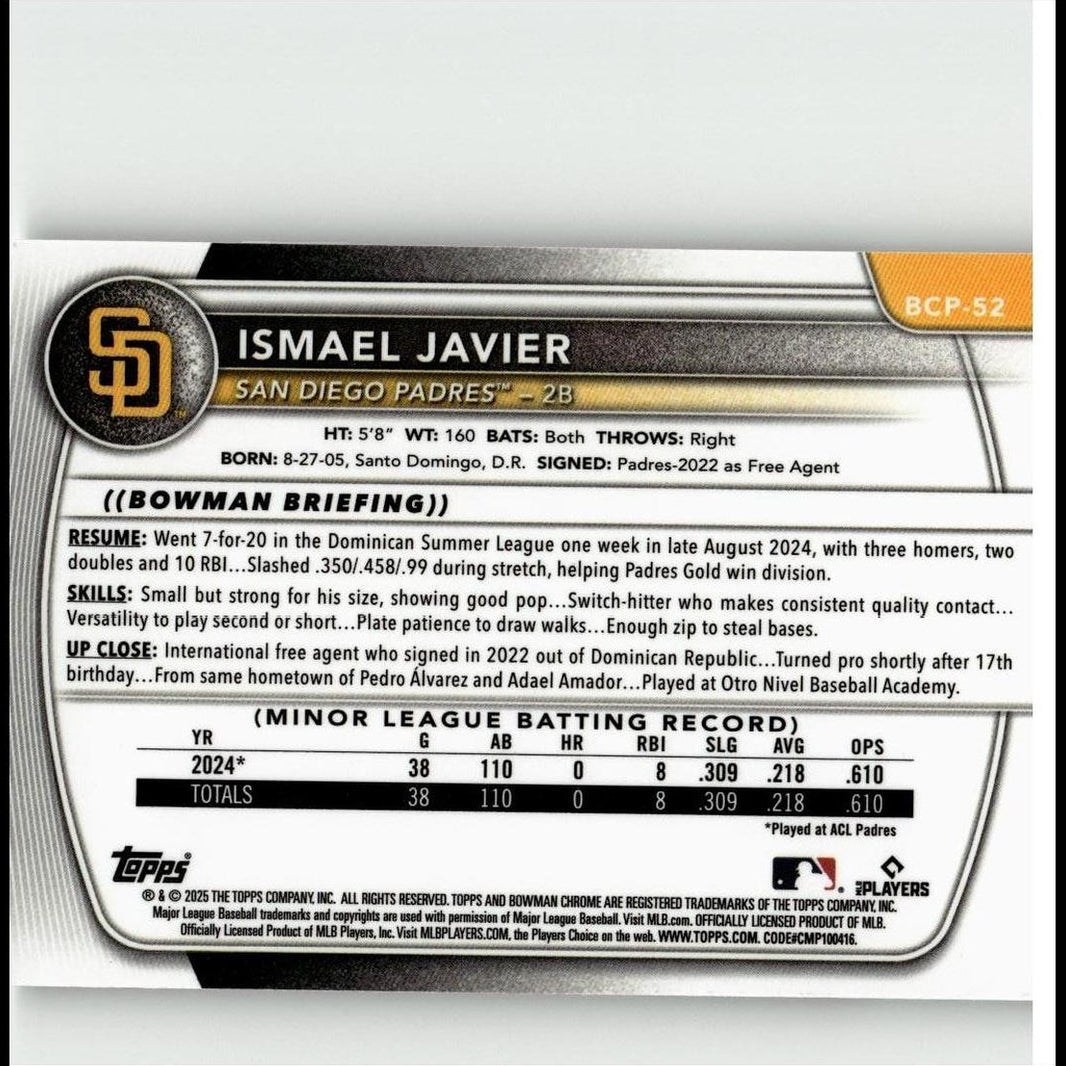 2025 Bowman #BP-52 Ismael Javier Prospects