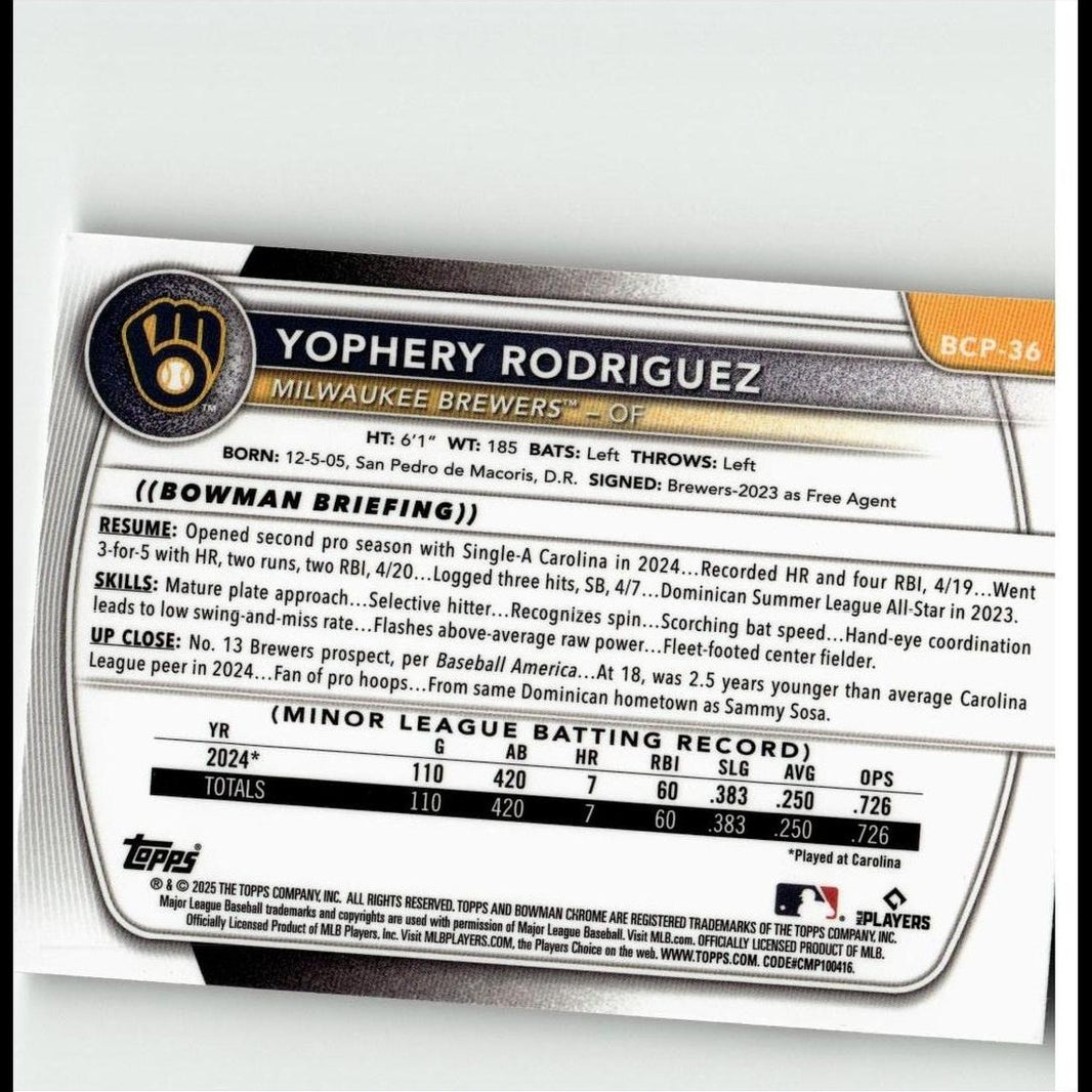 2025 Bowman #BCP-36 Yophery Rodriguez Chrome Prospects