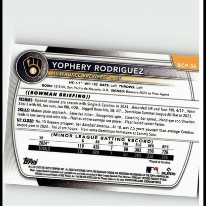 2025 Bowman #BCP-36 Yophery Rodriguez Chrome Prospects
