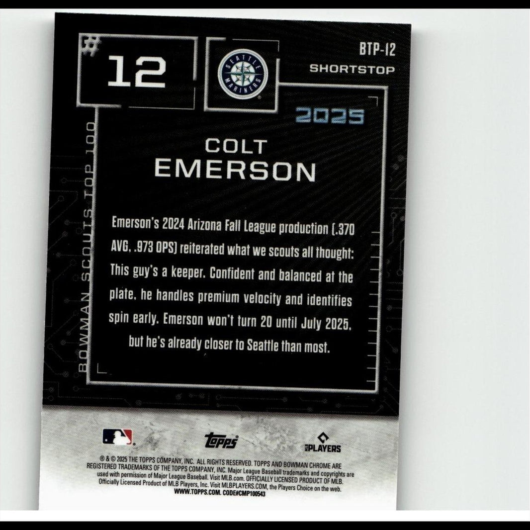 2025 Bowman #BTP-12 Colt Emerson Bowman Scouts Top 100