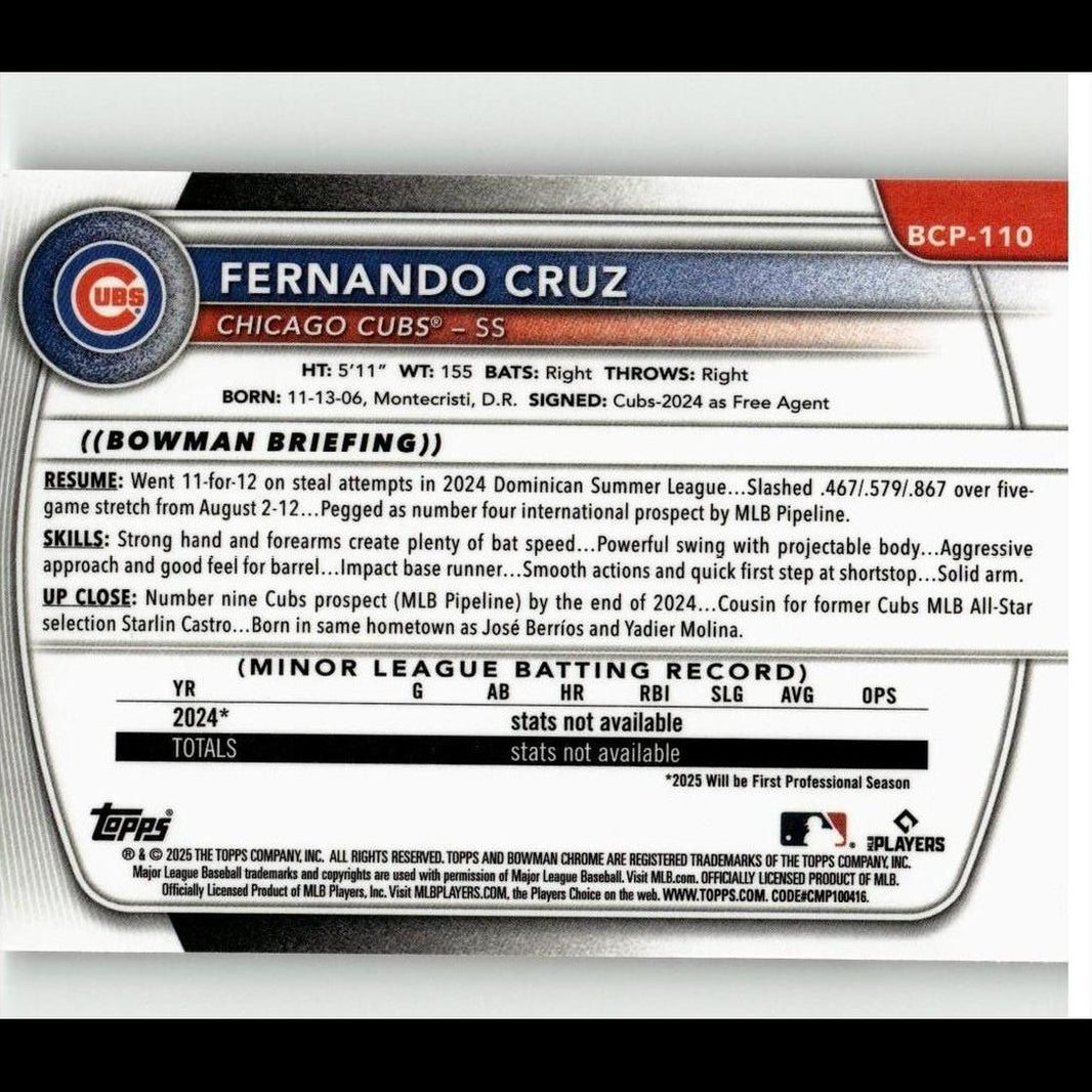 2025 Bowman #BCP-110 Fernando Cruz Chrome Prospects