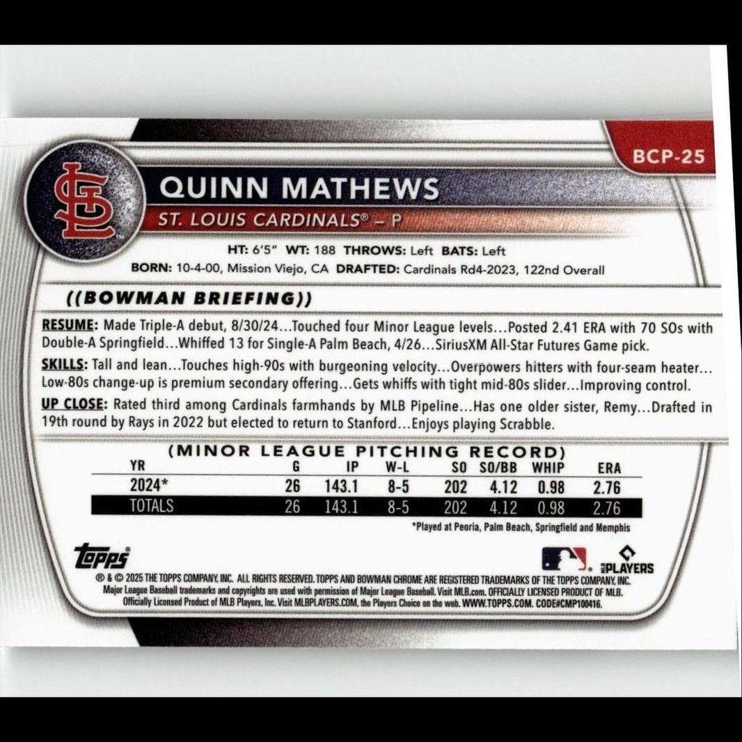 2025 Bowman #BCP-25 Quinn Mathews Chrome Prospects