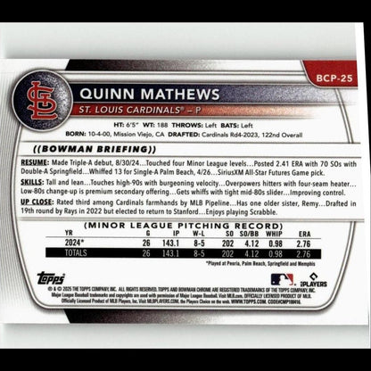2025 Bowman #BCP-25 Quinn Mathews Chrome Prospects