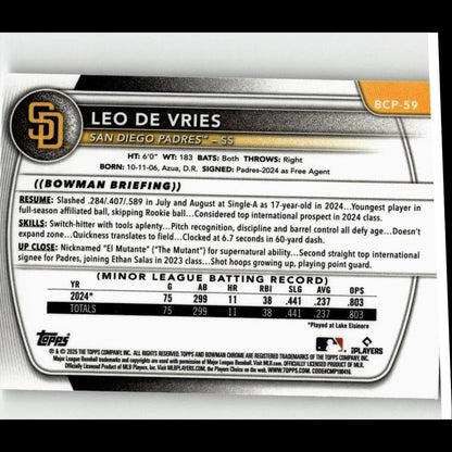 2025 Bowman #BCP-59 Leo De Vries Chrome Prospects
