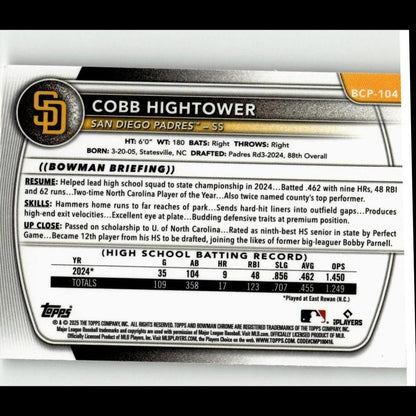 2025 Bowman #BCP-104 Cobb Hightower Chrome Prospects