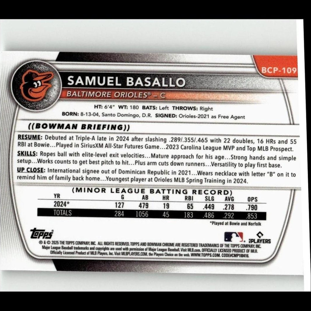 2025 Bowman #BCP-109 Samuel Basallo Chrome Prospects