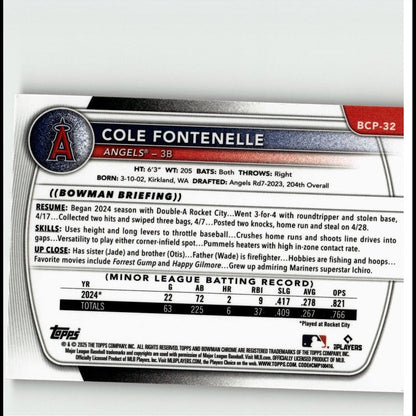 2025 Bowman #BCP-32 Cole Fontenelle Chrome Prospects Reptilian Refractor