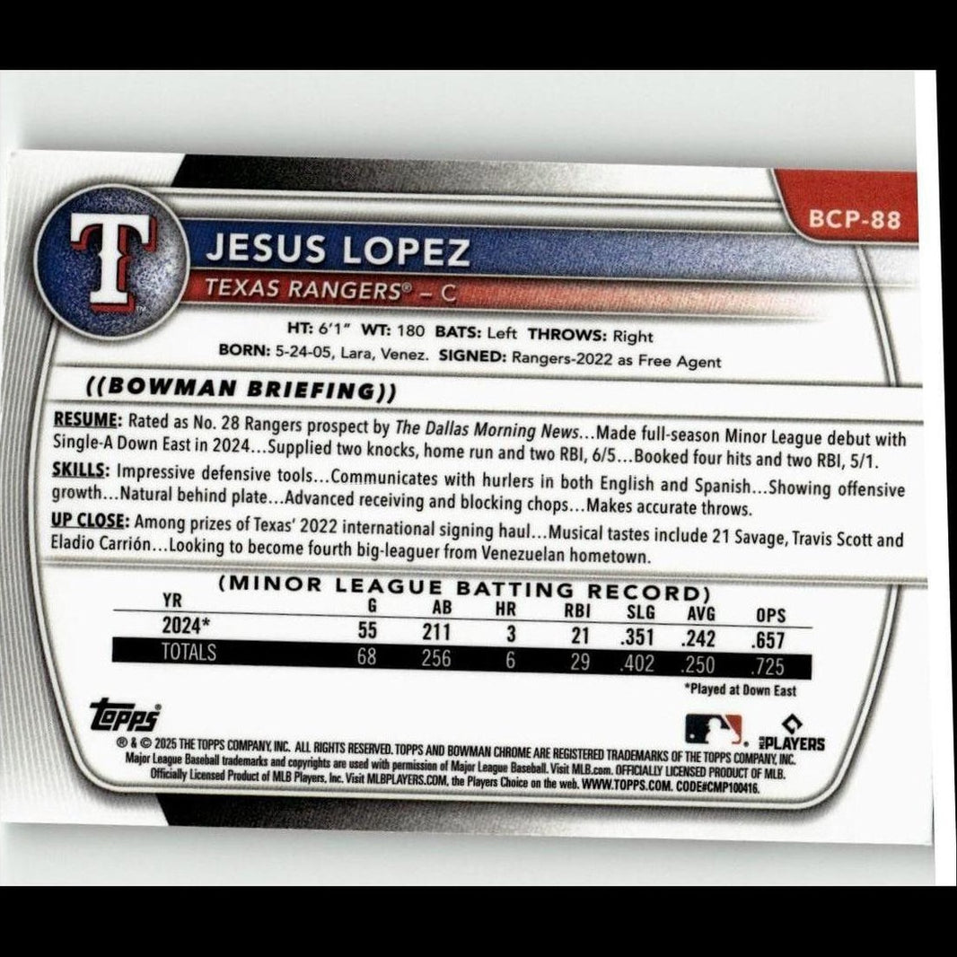 2025 Bowman #BCP-88 Jesus Lopez Chrome Prospects