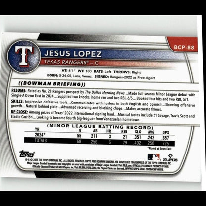 2025 Bowman #BCP-88 Jesus Lopez Chrome Prospects