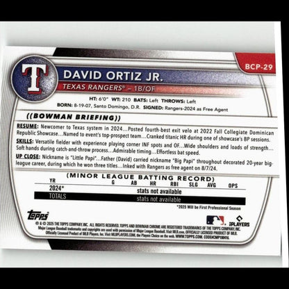 2025 Bowman #BCP-29 David Ortiz Jr. Chrome Prospects