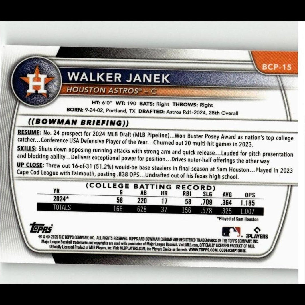 2025 Bowman #BCP-15 Walker Janek Chrome Prospects